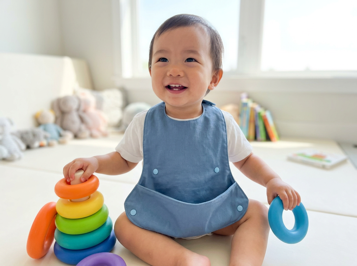 Happy child wearing the Blue bib while sitting or playing
