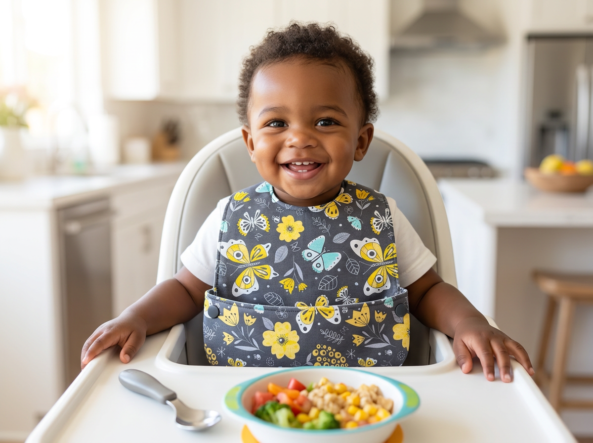Happy child wearing the Butterflies bib while sitting or playing