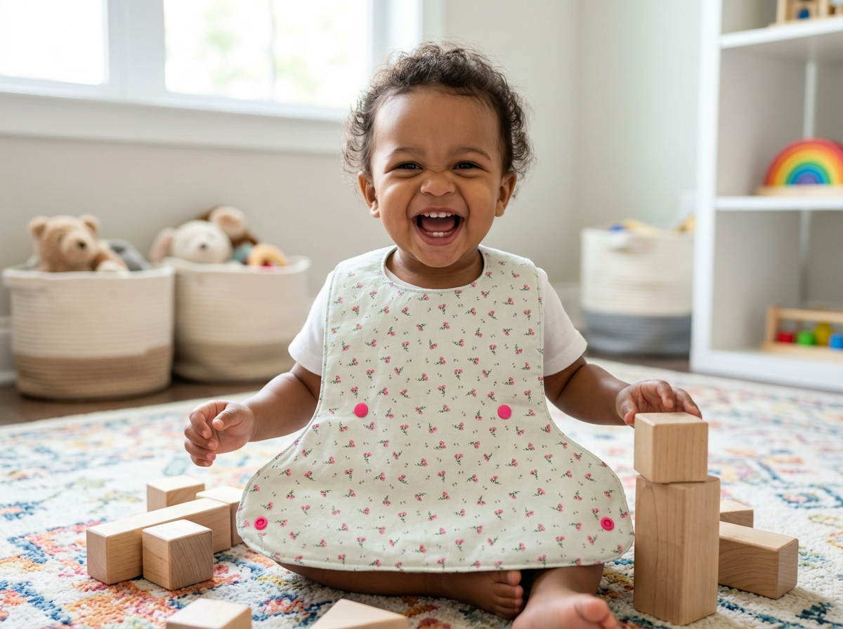 Happy child wearing the Pink Floral bib while sitting or playing